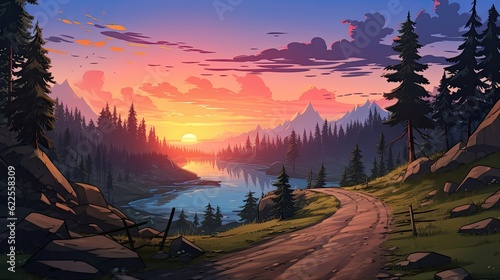 A mountainous road with a sunset in the backdrop. (Generative AI)