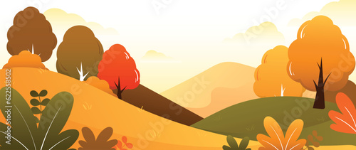 Autumn nature and country landscape background. Seasonal illustration vector of trees, grass, field, mountain, leaf, cloud, sunset. Design for banner, poster, wallpaper, decoration, card.
