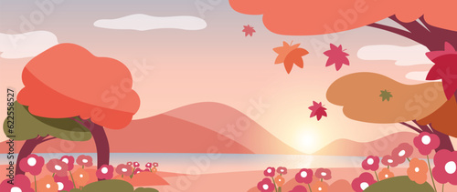 Autumn nature and country landscape background. Seasonal illustration vector of trees, flowers, mountain, maple leaf, cloud, river, sunset. Design for banner, poster, wallpaper, decoration, card.