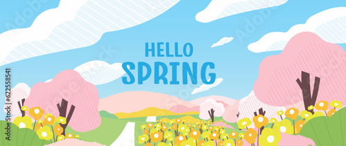 Spring nature and country landscape background. Seasonal illustration vector of trees, flowers, mountain, cloud, sky, grass, field, road. Design for banner, poster, wallpaper, decoration, card.