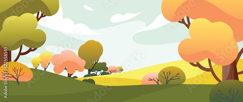 Autumn nature and country landscape background. Seasonal illustration vector of trees  flowers  field  mountain  park  cloud  grass. Design for banner  poster  wallpaper  decoration  card.
