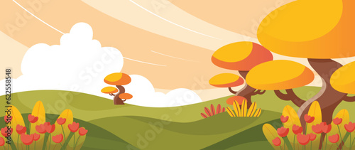 Autumn nature and country landscape background. Seasonal illustration vector of trees, flowers, field, mountain, park, cloud, grass. Design for banner, poster, wallpaper, decoration, card.