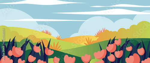 Autumn nature and country landscape background. Seasonal illustration vector of trees, flowers, field, mountain, park, cloud, grass. Design for banner, poster, wallpaper, decoration, card.