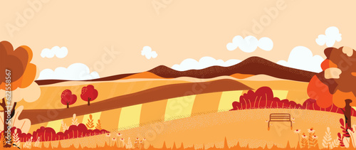Autumn nature and country landscape background. Seasonal illustration vector of trees  flowers  field  mountain  cloud  grass  bench  sunset. Design for banner  poster  wallpaper  decoration  card.