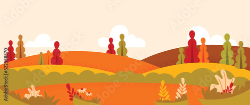 Fototapeta Naklejka Na Ścianę i Meble -  Autumn nature and country landscape background. Seasonal illustration vector of trees, flowers, field, mountain, park, cloud, grass. Design for banner, poster, wallpaper, decoration, card.