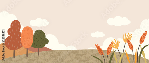Autumn nature and country landscape background. Seasonal illustration vector of trees, flowers, field, mountain, park, cloud, grass. Design for banner, poster, wallpaper, decoration, card.