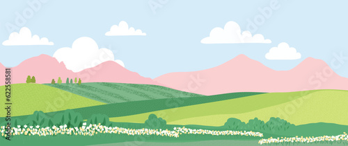Spring nature and country landscape background. Seasonal illustration vector of trees, flowers, mountain, cloud, sky, grass, field, park. Design for banner, poster, wallpaper, decoration, card.