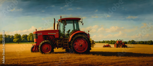 A tractor in a field during the hot summer.