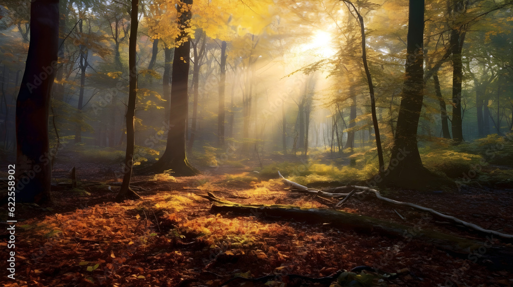 Naklejka premium Forest Landscape: Landscape of a peaceful forest with rays of light filtering through the trees