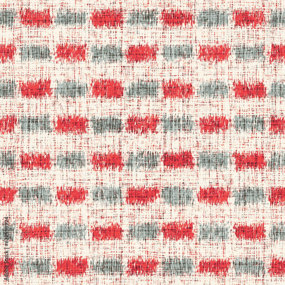 Beige, Gray and Red Burlap Textured Checked Pattern