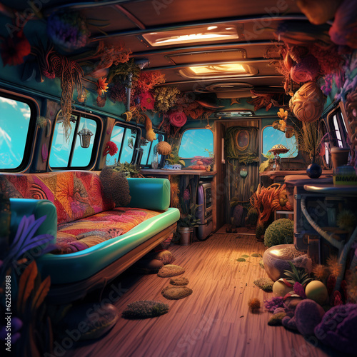 van life interior, hippie travel lifestyle in a surreal beautiful background landscape