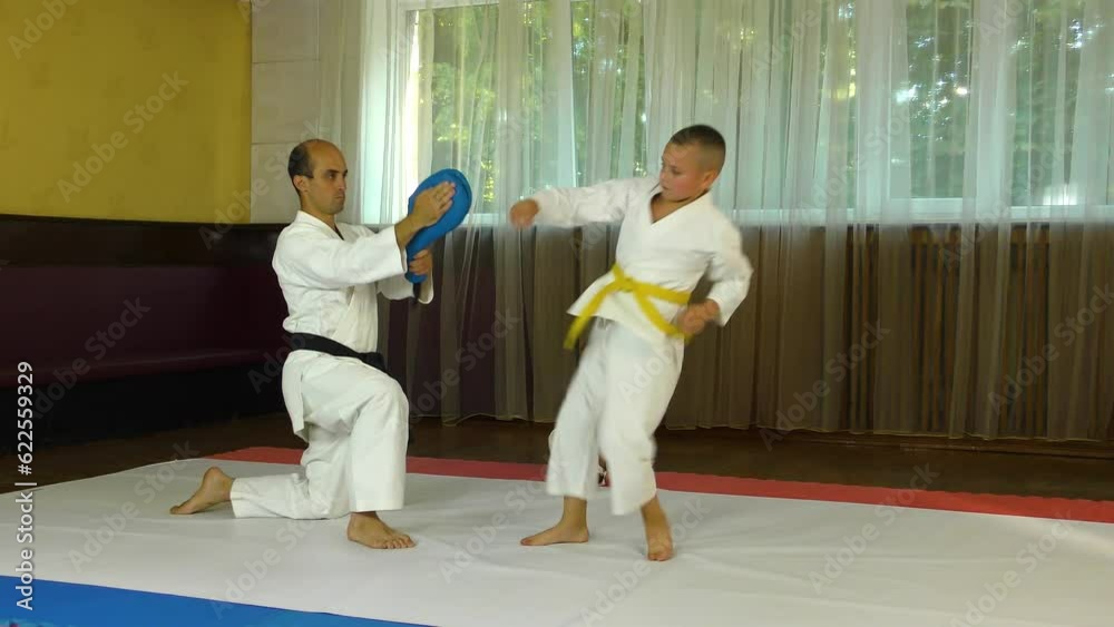 An athlete with a yellow belt performs circular kicks on the simulator An athlete with a yellow belt performs circular kicks on the simulator