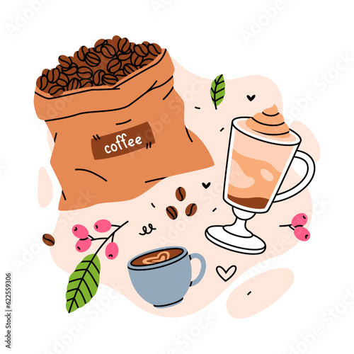 Coffee Aromatic Drink with Cup and Sack of Beans Vector Composition