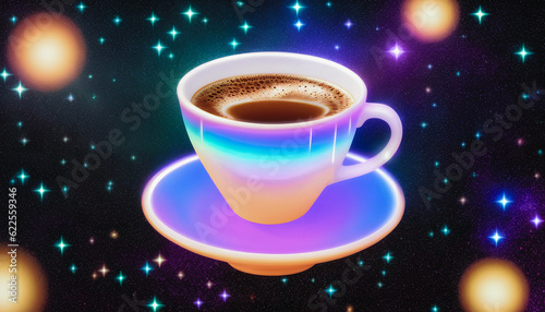 A cosmic coffee experience, a mug surrounded by stars in a celestial sky. Generative AI.