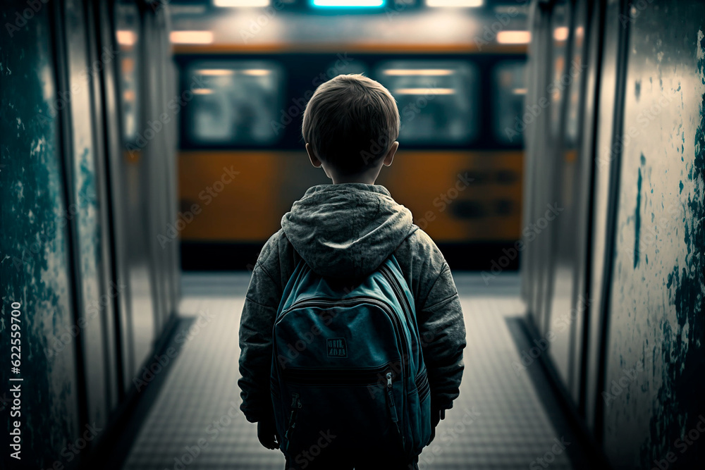 A solitary young boy stands alone amidst the bustling subway. Concept of longing and loneliness. Generative AI A solitary young boy stands alone amidst the bustling subway. Concept of longing and loneliness. Generative AI