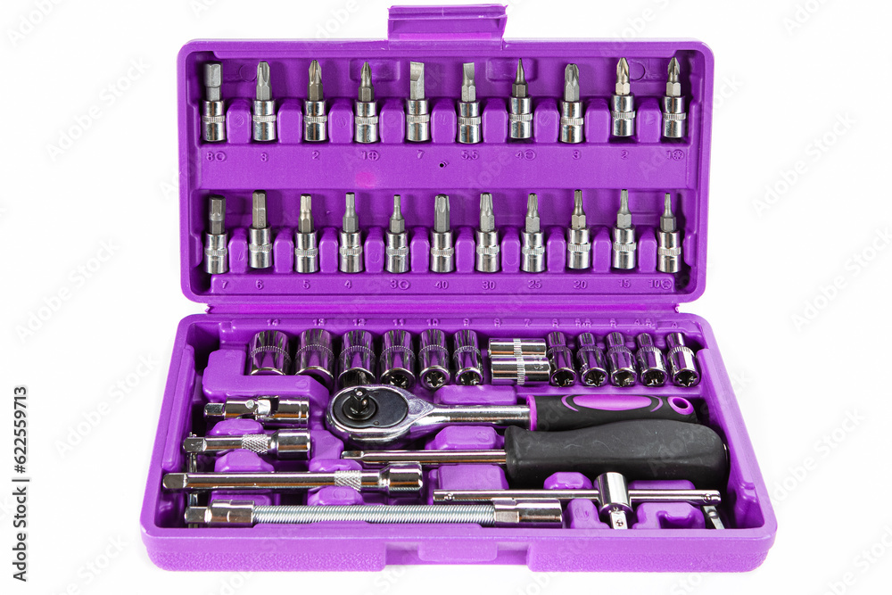 Repairing Concepts. Toolbox Or Tools Kit Case With Detail Close up of Set of Instruments For Car or Household Use On White Background. Repairing Concepts. Toolbox Or Tools Kit Case With Detail Close up of Set of Instruments For Car or Household Use On White Background.