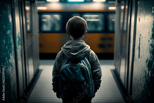 Photographie A solitary young boy stands alone amidst the bustling subway