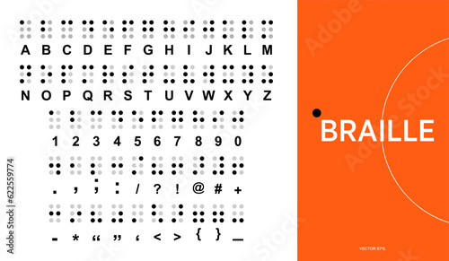 Braille alphabet, letters and numbers vector illustration, Braille is a tactile writing system used by blind or visually impaired people.
