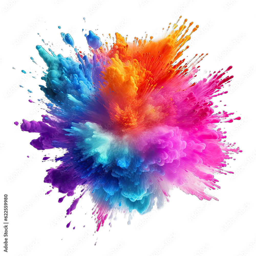 a vibrant explosion of colorful powder on a clean white background