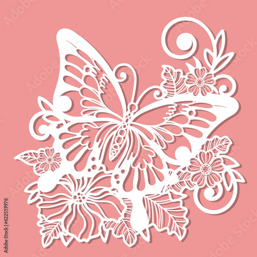 Butterfly with on a branch with flowers. Template for laser cutting of paper, cardboard, wood, metal, etc. For the design of wedding cards, envelopes, interior decoration and so on. Vector