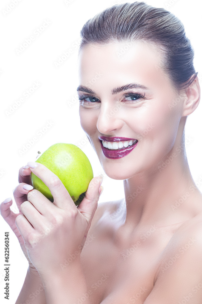 One Sensual Cute Winsome Blond Woman Smiling With Healthy Teeth Holding Green Apple In Studio