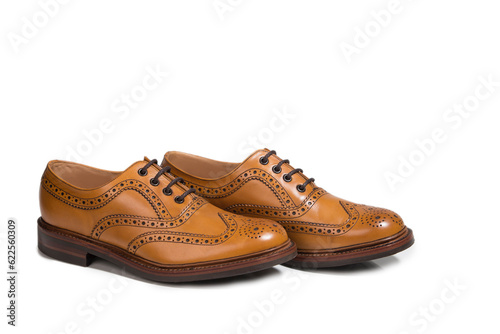 Pair of Tanned Brogue Derby Shoes of Calf Leather with Rubber Sole In One Line Over Pure White Background. © danmorgan12
