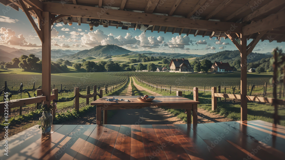 View from the wooden table in the pavilion offered a perfect vantage point to savor the captivating rural scenery where lush green fields quaint farmhouses and gentle rolling hills .
