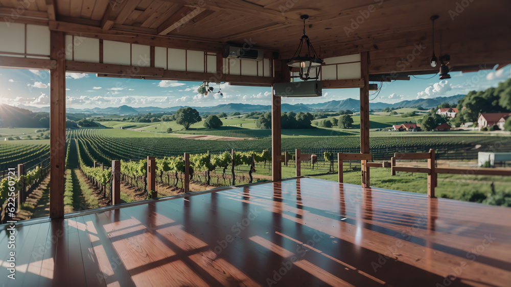 From the vantage point of the wooden house, the scenery unfolded with an awe-inspiring vista of the farm stretching towards the majestic mountains, while the bright sky painted a vivid backdrop.