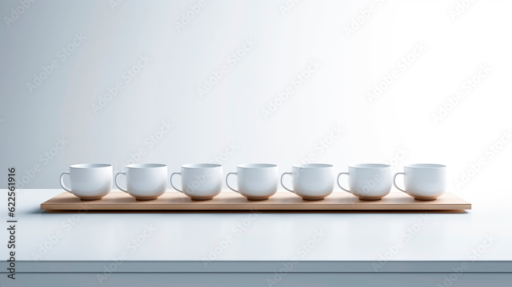 Minimalist Row of White Cups of Coffee in Symmetrical Layout. Clean Design, Orderly Presentation, Modern Aesthetics, Cafe Ambiance. Minimalist Row of White Cups of Coffee in Symmetrical Layout. Clean Design, Orderly Presentation, Modern Aesthetics, Cafe Ambiance.