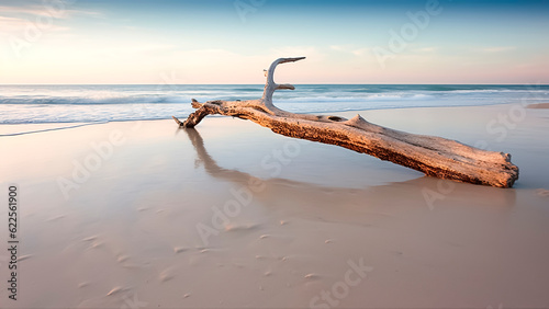 Beautiful seascape with a lone driftwood on the beach. Nature composition. © art4all