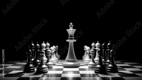 Chess Pieces on Chessboard on Black Background. Strategic Game, Intellectual Challenge, Competition Concept.