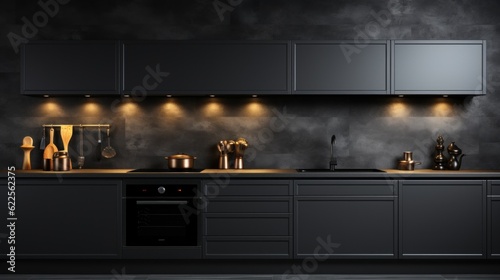 A black kitchen with a stove top oven. Generative AI image.