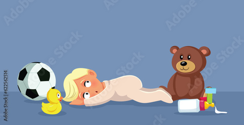Little Baby Exhausted from playing with His Toys Vector Cartoon. Toddler to tired to play with his toys resting on the floor

