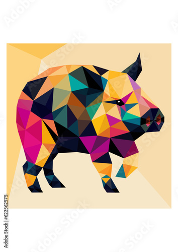 Geometric style pig sign made of colored triangles