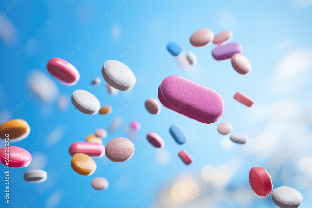 Flying colorful pills and drugs on blue background. Medicine and pharmaceuticals to health care and wellness.