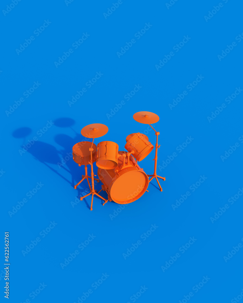 Orange shiny drum kit cymbals vintage youth sunlight gen z blue background 3d illustration