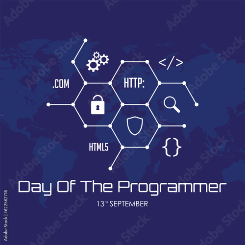 Day of the Programmer banner or greeting card with code symbol in polygonal