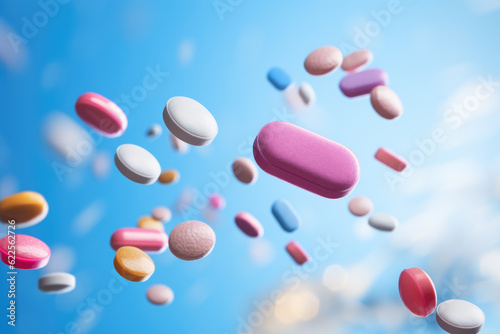 Flying colorful pills and drugs on blue background. Medicine and pharmaceuticals to health care and wellness.