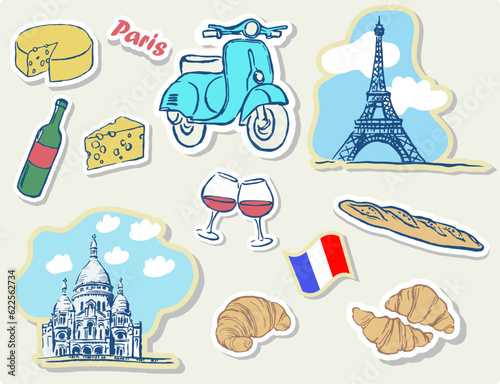 Travel, stickers, France , Europe, Paris , Eiffel tower , Sacre Coeur  , tourism , doodle , seaside, French seasides,   sticker set , croissants, scooter, wine,  cheese,   architectural monument	