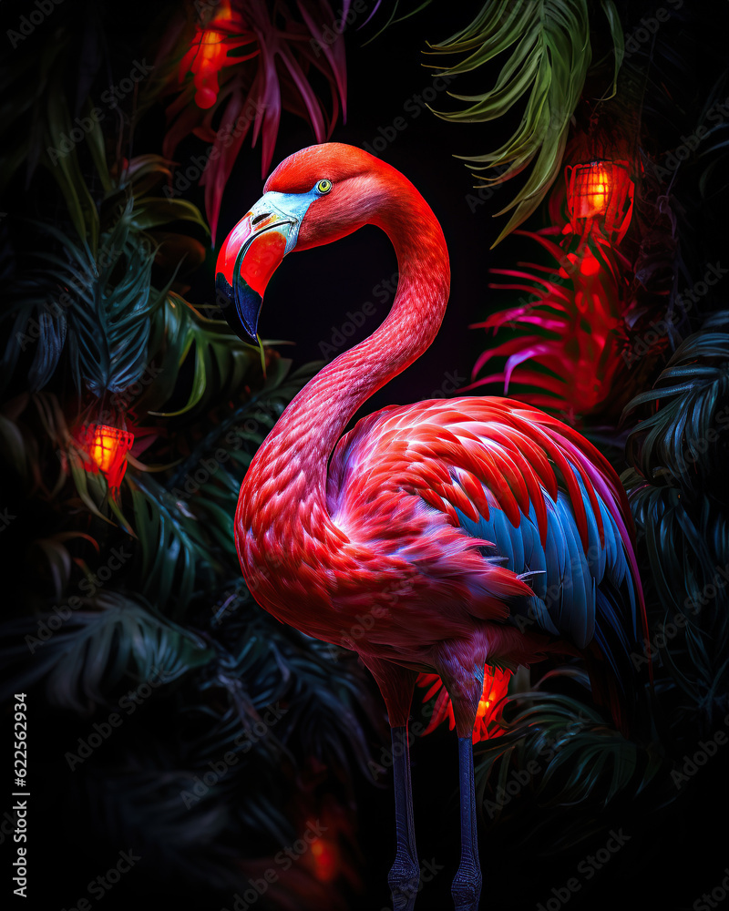Fototapeta premium The vibrant pink of the flamingo against the lush greenery of the tropical plant creates a stunning contrast of beauty and life