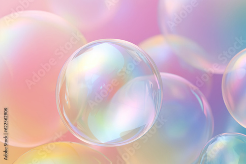 Iridescent balloon bubble on pastel background with gradient. A mesmerizing chorus of captivating bubbles dance against a vibrant pink backdrop, creating a joyous, dream-like atmosphere