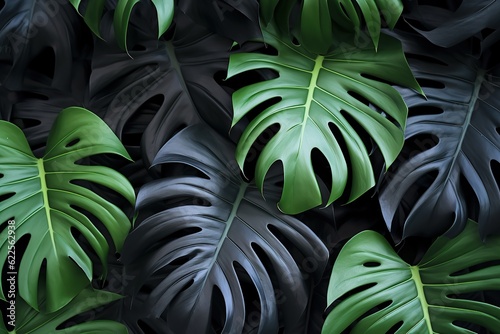 Neon black green turquoise colored plastic monstera leaves. A vivid contrast of green and black leaves creates an entrancing swirl of color and energy, evoking a feeling of awe and wonder