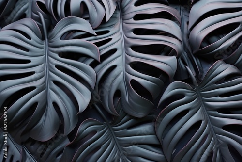 Neon black colored plastic monstera leaves. A cluster of ebony leaves whirls and dances in the wind  creating a beautiful  fleeting moment of awe and freedom