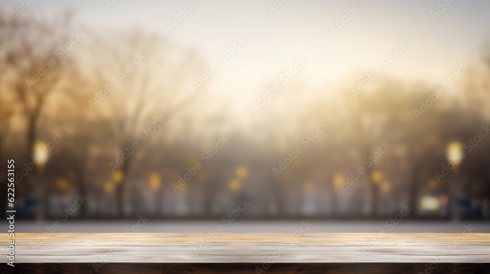 Empty wooden tabletop with autumn trees blurry background. Product display template.
