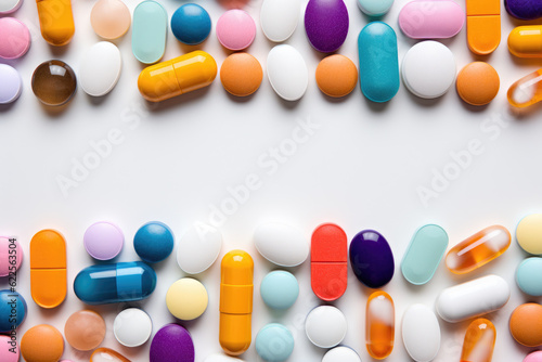 Medicine background with copy space. Many different colorful medications. Pharmaceutical drugs and pills on white.