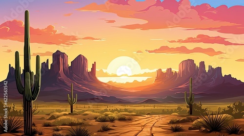 In the foreground, a red sky highlights a desert landscape with mountains, a sun, and clouds. (Generative AI)