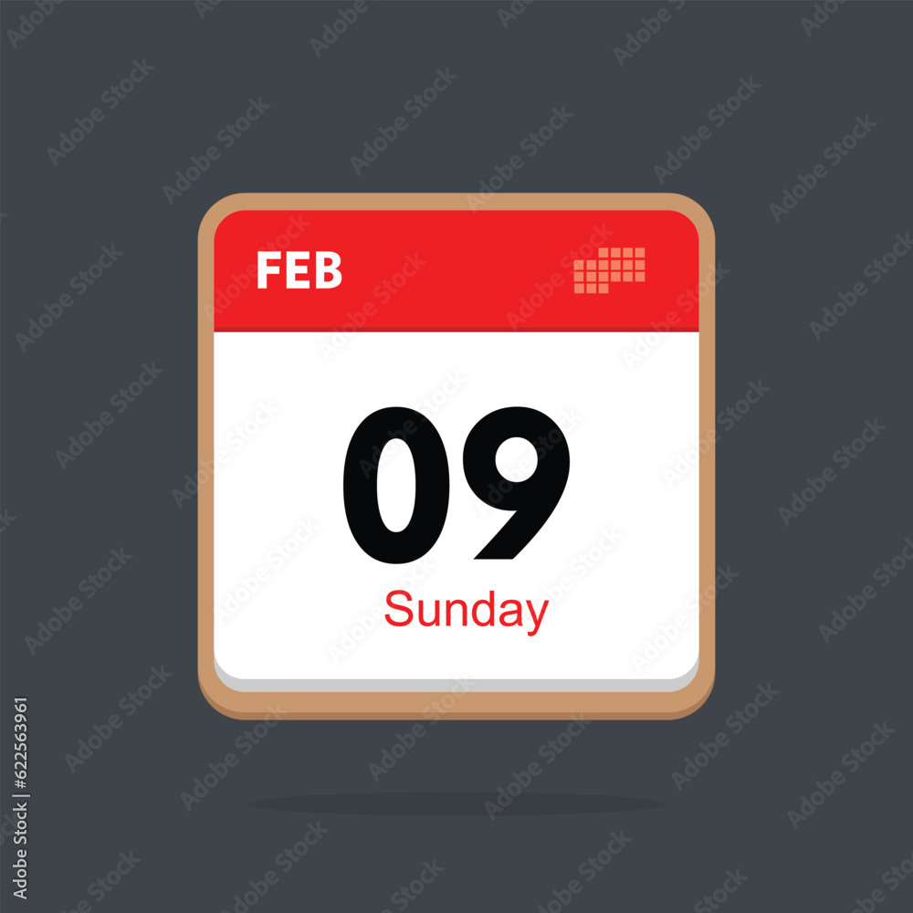 sunday 09 february icon with black background, calender icon