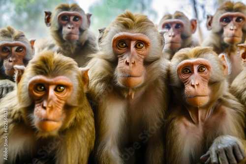 Group of monkeys sitting next to each other on top of tree. Generative AI.
