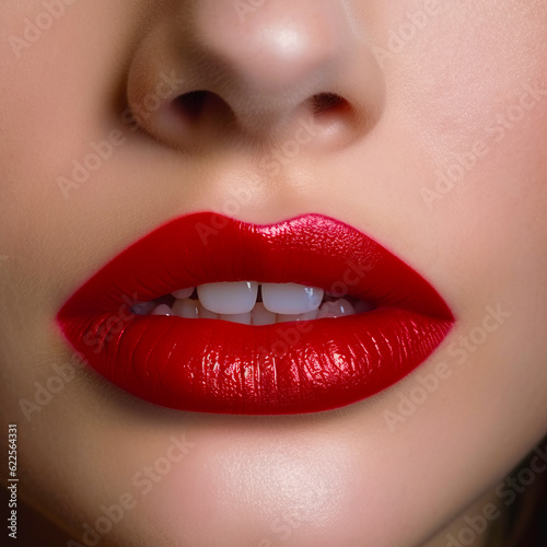 Close up of woman's lips with red lipstick on her lips. Generative AI.