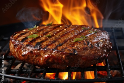 beef ribeye steak grilling on flaming grill